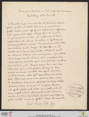 Briefabschriften von Ernst Volger (1888) aus der Sammlung Rehdiger der Stadtbibliothek Breslau. Teil I: Baudiss, Beutterich, Ehemius, Haller, Melissus, Ostrorog, Pareus, Rehdiger und Reuter.: Brief von Laurentius Baudiss an Johannes Crato : Abschriften von Ernst Volger (1882/86)