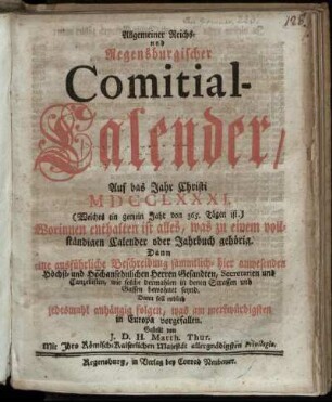 1781: Allgemeiner Reichs- und Regensburgischer Comitial-Calender, Auf das Jahr Christi MDCCLXXXI