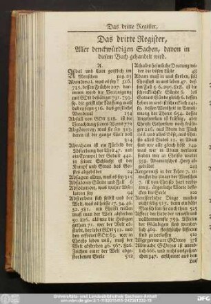 Das dritte Register, Aller denckwürdigen Sachen, davon in diesem Buch gehandelt wird.