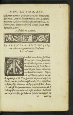 In Epistolam Ad Timotheum priorem argumentum per Erasmum Roterodamum.