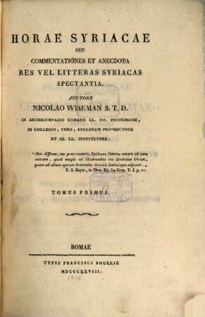 Horae Syriacae seu commentationes et anecdota res vel litteras Syriacas spectantia, 1