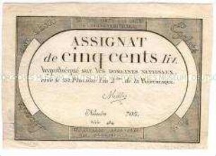 Frankreich, Revolution, Assignat 500 Livres