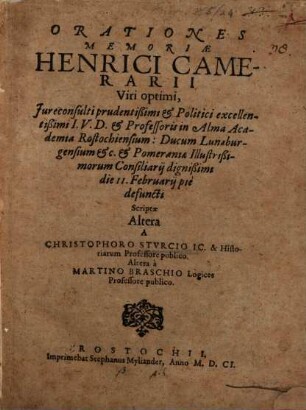 Orationes memoriae Henrici Camerarii ... dicatae