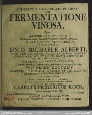 Dissertatio Inauguralis Chemica, De Fermentatione Vinosa