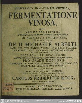 Dissertatio Inauguralis Chemica, De Fermentatione Vinosa