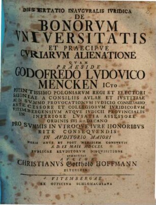 Dissertatio Inauguralis Iuridica De Bonorum Universitatis Et Praecipue Curiarum Alienatione