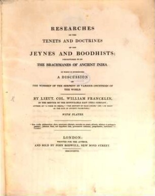 Researches on the tenets and doctrines of Yeynes and Boodhists : conjectured to be the Brachmanes of ancient India