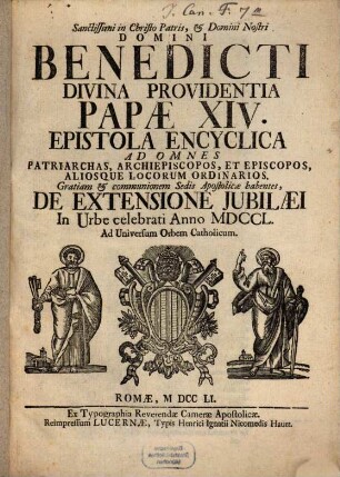 Epistola encyclica ad omnes patriarchos, gratiam ... habentes de extensione jubilaei