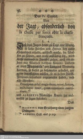 Das IV. Capitel. Von der Jagt, absonderlich von la chasse par force oder chasse francoise