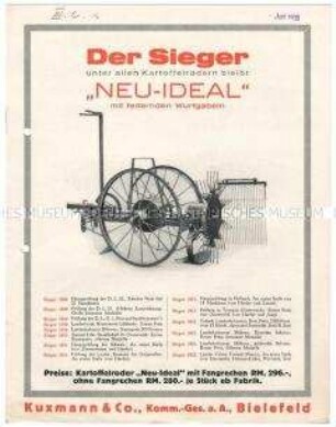 Der Sieger unter allen Kartoffelrodern bleibt "Neu-Ideal" (Patent Quegwer) mit federnden Wurfgabeln