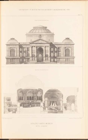 Reichstag, Berlin Zweiter Wettbewerb: Ansicht vom Brandenburger Tor, Längsschnitt (aus: Sammelmappe hervorragender Konkurrenzentwürfe H. 6, hrsg.v. K.E.O. Fritsch, 1883)
