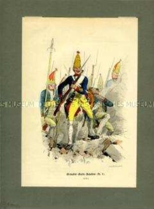 Grenadiere des Grenadier-Garde-Bataillons (No. 6) im Gefecht, um 1756. Aus Lange/Menzel: Die Soldaten Friedrichs des Großen.