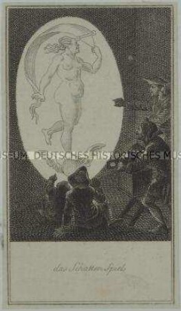 Humoristische Darstellung mit fünf Personen beim Betrachten einer mit einer Laterna magica an die Wand projizierten nackten Frauengestalt