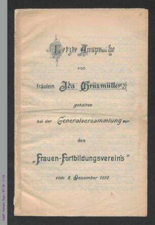 Ansprache von Ida Grüzmüller, Generalversammlung des Frauen-Fortbildungs-Vereins Gotha 1898