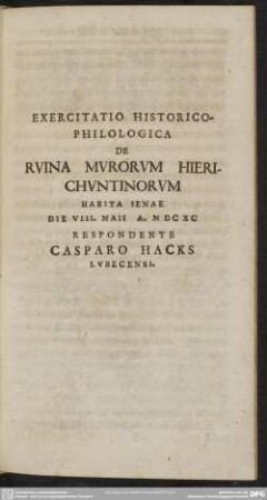 Exercitatio Historico-Philologica De Ruina Murorum Hierichuntinorum