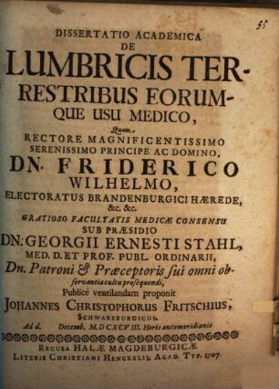 Dissertatio academica de lumbricis terrestribus eorumque usu medico