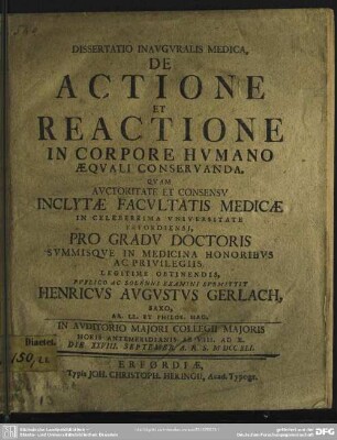 Dissertatio Inauguralis Medica, De Actione Et Reactione In Corpore Humano Aequali Conservanda