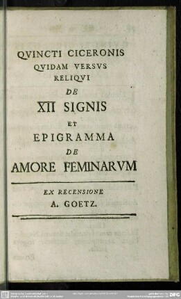 Quincti Ciceronis Quidam Versus Reliqui De XII Signis Et Epigramma De Amore Feminarum