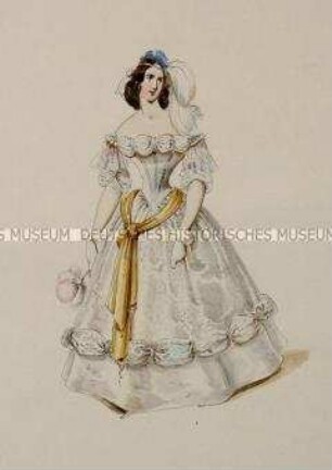 Frau im weißen Kleid mit gelber Schärpe und Federkopfputz - Tafel aus Franceschini/Kostümbilder (Kassette 2)