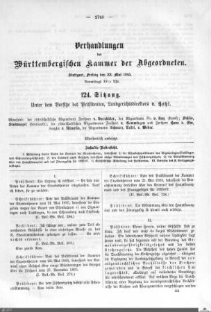 124. Sitzung, Stuttgart, 22.5.1885