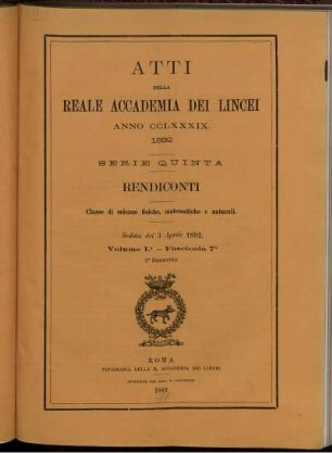 Seduta del 3 Aprile 1892 Volume I. - Fascicolo 7.