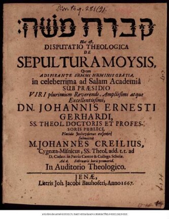 [...] Hoc est, Disputatio Theologica De Sepultura Moysis