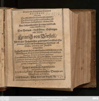 Davids des Königlichen Propheten Exempel Wie man Des Menschlichen Elendes sich erinnern ... solle : Bey ... Leichbestattung Des ... Heinrich von Börstell/ Fürstlicher Anhaldischer gesampter Herrschaft Geheimbten Rathes und Praesidenten zu Bernburgk/ uff Güsten/ Plötzkaw und Ilberstedt Erbgesässen ;Dessen Seele der Gott aller Gnaden verwichenen 26.ten Mertz Monats Tage ... abgefordert. Der verblichene Cörper aber am 23.ten Aprilis ... beygesetzet worden