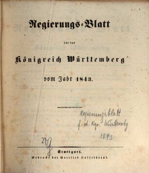 Regierungsblatt für das Königreich Württemberg. 1843, 1843