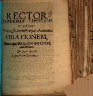 Rector Academiae Lipsiensis ad audiendam pentecostalem in templo acad. orationem ... invitat : [Disseritur de fanatismo Böhmiano]