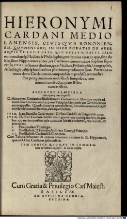 Commentarii in Hippocratis de Aere, Aquis et Locis ... Opus