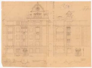 Wohnhaus Wallstraße, Lübeck: Aufrisse der beiden Eckfassaden 1:50; Horizontalschnitte der beiden Eckfassaden 1:50