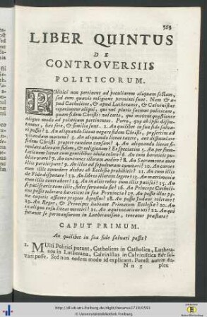 Liber Quintus De Controversiis Politicorum.