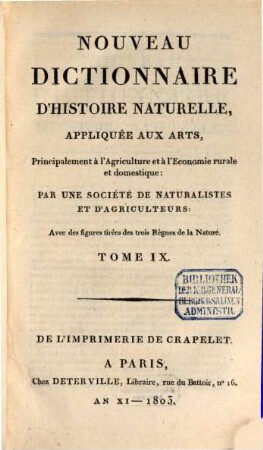 Nouveau dictionnaire d'histoire naturelle, appliquée aux arts, principalement à l'agriculture et à l'économie rurale et domestique : avec des figures tirées des trois règnes de la nature, 9. Fou - Gor