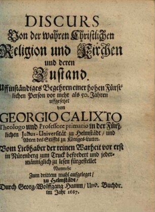 Discurs von der wahren Christlichen Religion und Kirchen und deren Zustand