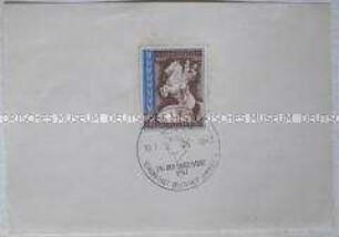 Blatt mit aufgeklebter Briefmarken zu 6 (+14) Pfennig und Sonderstempel zum "Tag der Briefmarke" 1943