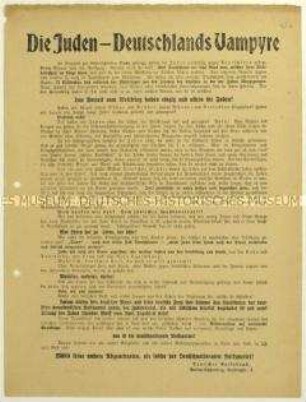 Antisemitisches Flugblatt des Deutschen Volksbundes mit Aufruf zur Wahl der Deutschnationalen Volkspartei in die Nationalversammlung 1919