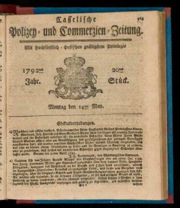 20tes Stück, Montag den 14ten May. 1792