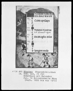 Gebetbuch mit Kalender — Kalenderseite März mit einer Miniatur, Folio 3verso