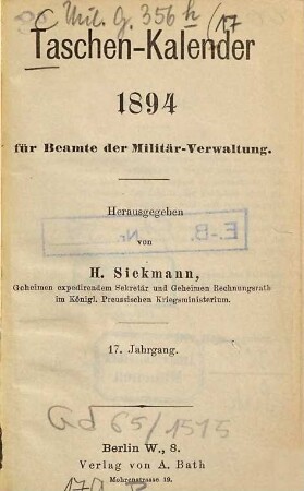 Taschen-Kalender für Beamte der Militär-Verwaltung. 17. 1894