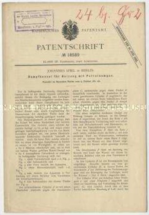 Patentschrift eines Dampfkessels für Heizung mit Petroleumgas, Patent-Nr. 18589