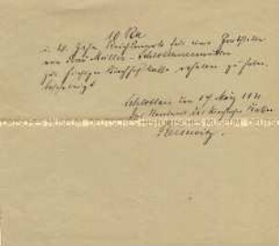 Formlose handschriftliche Quittung über 10,- Reichsmark für die Grabpflege