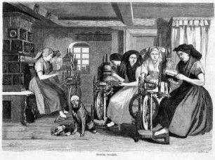 Spinnerinnen im Spreewald : Hausrat - Hausarbeit (Spinnen und Weben). Ort: Błóta / Spreewald. Spinnabend im Spreewald.