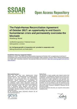 The Fatah-Hamas Reconciliation Agreement of October 2017: an opportunity to end Gaza's humanitarian crisis and permanently overcome the blockade