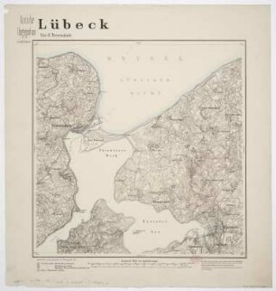 Karte der Umgebung von Lübeck, 1:25 000, Lithographie, 1877 : Karte der Umgegend von Lübeck : in sechs Blättern. - Aufn. 1877, hrsg. 1880. - 1:25 000. - [Berlin] : Königl. Preuss. Landes-Aufnahme , 1880. - 1 Kt. auf 6 Bl. : mehrfarb. ; Blattgr. je 44 x 45 cm. Mit Höhenlinien und Bergstrichen. - Bl. 1 u. d. T.: Curau. - Bl. 2 u. d. T.: Schwartau. - Bl. 3 u. d. T.: Travemünde. - Bl. 4 u. d. T.: Hamberge. - Bl. 5 u. d. T.: Lübeck. - Bl. 6 u. d. T.: Schönberg. - Die Bl. entsprechen d. späteren Meßtischbl. mit d. Nummern 2029-2031 u. 2129-2131