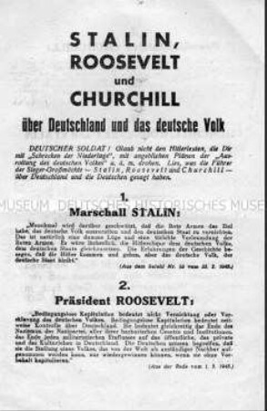 Abwurf-Flugblatt der Alliierten mit Zitaten von Roosevelt, Stalin und Churchill über die Zukunft Deutschlands nach dem Ende des Krieges