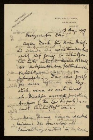 68: Brief von Frederick Pollock an Otto von Gierke, Haslemere, 13.8.1907