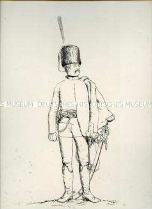 Uniformdarstellung, Offizier der Husaren mit Pelzmütze, Preußen, um 1786. Probedruck aus Menzel: Die Armee Friedrich's des Großen.