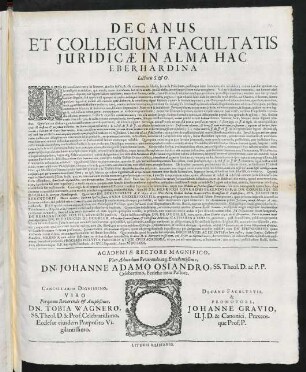 Decanus Et Collegium Facultatis Juridicae In Alma Hac Eberhardina Lecturis S. & O.