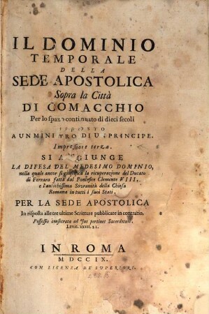 Temporale della sede apostolica sopra la citta di Comacchio