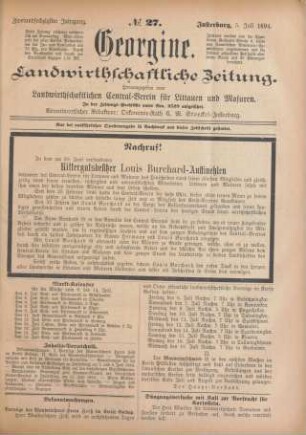 Zweiundsechzigster Jahrgang. No. 27. Insterburg, 5. Juli 1894.